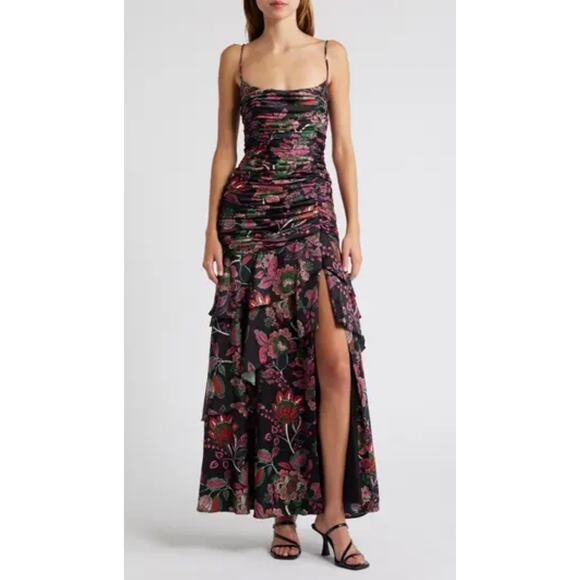 Hutch Tisha Ruched Maxi Dress Black Floral Multi Size 10 NWT Tiered Skirt w Slit - Picture 1 of 16